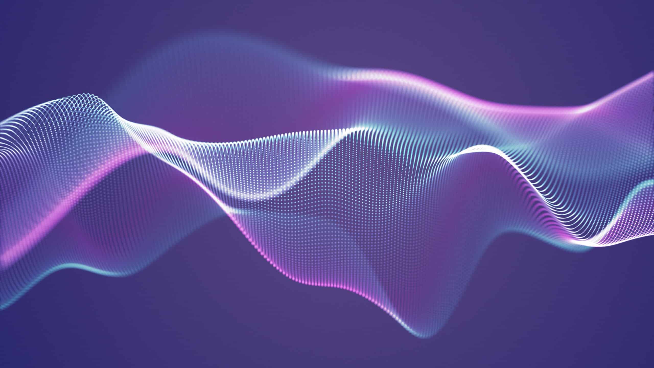 Soft purple waves on a dark blue background. Abstract glowing digital waves with flowing violet light beams and subtle particle textures. Perfect for digital art, tech visuals, futuristic backgrounds,